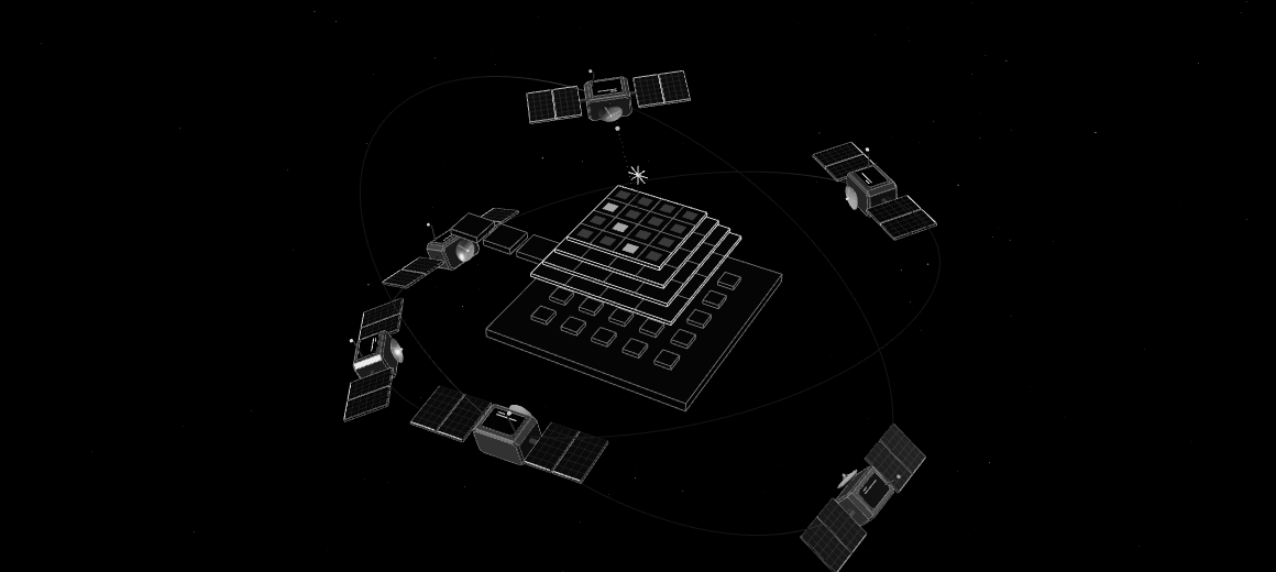 Six satellite agents orbiting a dark eclipse and white accretion disk in black space